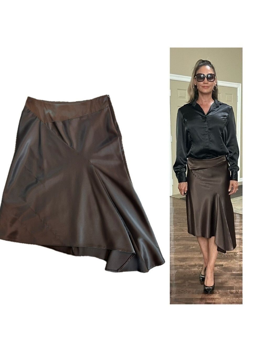 Dynamite chocolate brown satin effect high-low asymmetrical flowy midi skirt 7